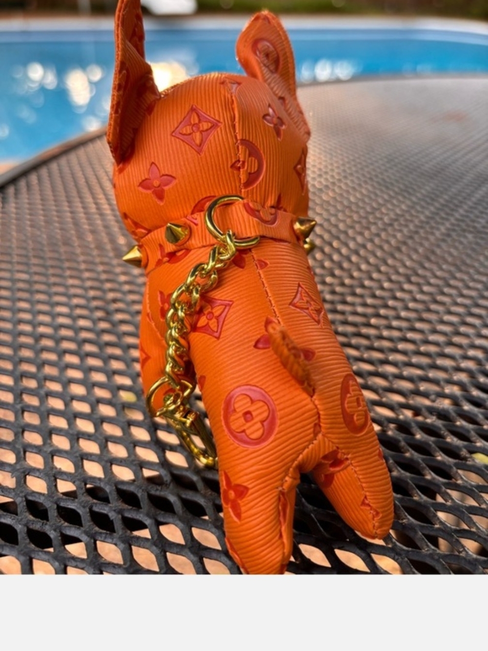 Orange Epi Leather Frenchie Dog Charm with Gold Studded Chain Adorable - Picture 4 of 8